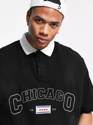 Jump Cuts Printed Men Polo Neck Black T-Shirt