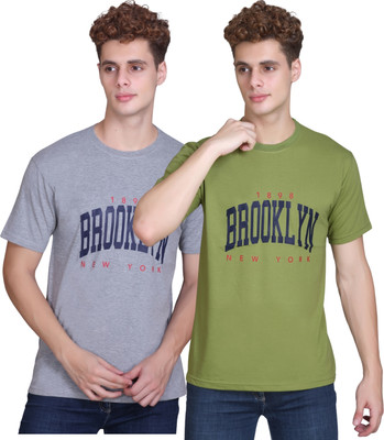 Zeffit Printed Men Round Neck Dark Green, Grey T-Shirt