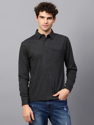 Fleximaa Solid Men Polo Neck Grey T-Shirt