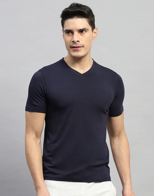 MH MOGHAHILLS Solid Men V Neck Navy Blue T-Shirt