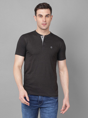 Dollar Solid Men Henley Neck Black T-Shirt