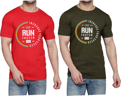 WOOSTRO Printed Men Round Neck Red, Dark Green T-Shirt