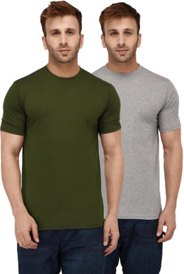New Trends Collection Solid Men Round Neck Dark Green, Grey T-Shirt