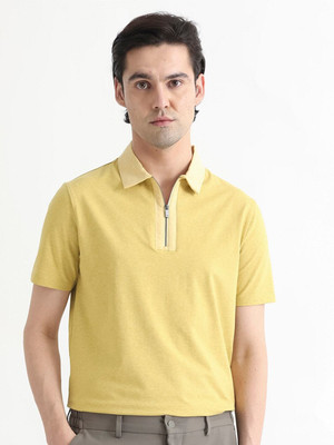 RARE RABBIT Solid Men Polo Neck Yellow T-Shirt
