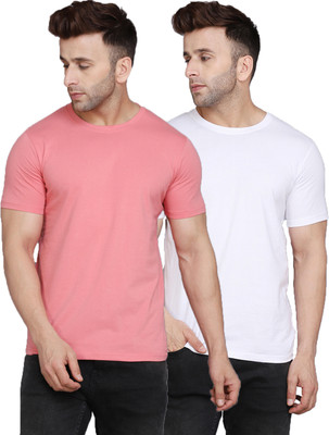 SLOWLORIS Solid Men Round Neck Pink, White T-Shirt