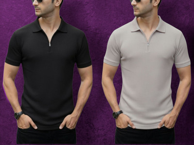 The Stanch Self Design Men Polo Neck Black, Grey T-Shirt