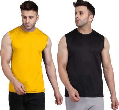 UDI n ADI Solid Men Round Neck Yellow, Black T-Shirt