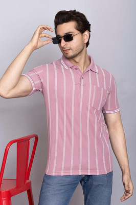 Onestar Striped Men Polo Neck Pink T-Shirt