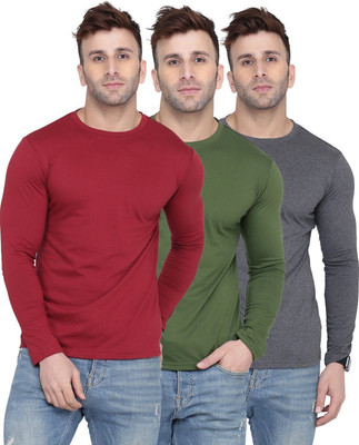 Kroptee Solid Men Round Neck Green, Maroon, Grey T-Shirt