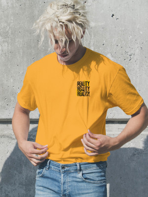 SQUIRREL CREATION Solid, Typography Men Round Neck Yellow T-Shirt