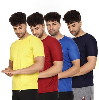 P collection Solid Men Round Neck Yellow, Maroon, Blue, Navy Blue T-Shirt