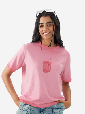 The Souled Store Graphic Print Women Round Neck Pink T-Shirt
