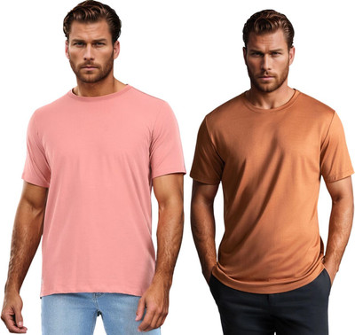 BlueFicus Solid Men Round Neck Pink, Brown T-Shirt
