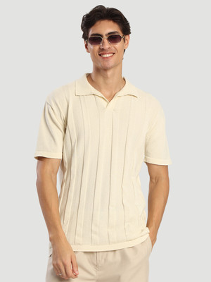 Roadster Self Design Men Polo Neck White T-Shirt