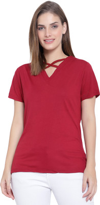 HELMUNT Solid Women V Neck Maroon T-Shirt