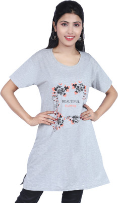 NG Store Printed Women Round Neck Grey T-Shirt