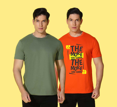 WOOSTRO Solid, Printed Men Round Neck Green, Orange T-Shirt