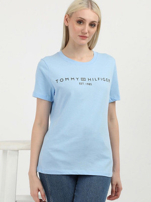 TOMMY HILFIGER Printed Women Round Neck Blue T-Shirt