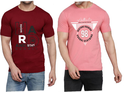 WOOSTRO Printed Men Round Neck Maroon, Pink T-Shirt