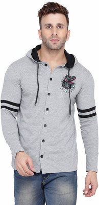 Lawful Casual Graphic Print Men Hooded Neck Silver T-Shirt
