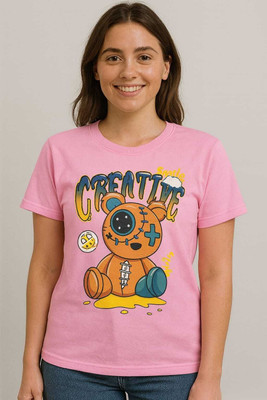 AGG Printed Women Round Neck Pink T-Shirt