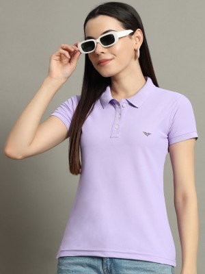 RISS Solid Women Polo Neck Purple T-Shirt