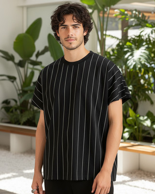 BEWAKOOF Striped Men Round Neck Black T-Shirt