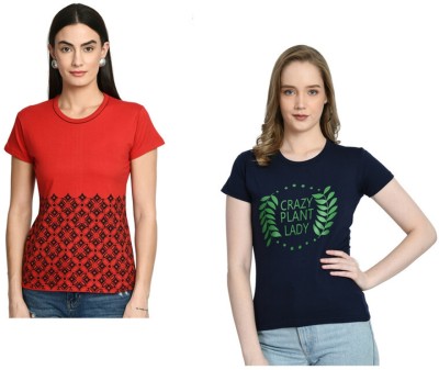 IndiWeaves Printed Women Round Neck Black, Dark Blue, Red T-Shirt