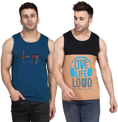 SLOWLORIS Printed Men Scoop Neck Black, Beige, Dark Blue T-Shirt