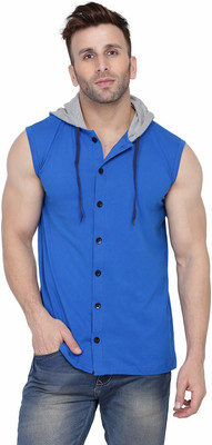 GEUM Solid Men Hooded Neck Blue T-Shirt