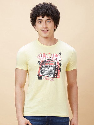 BEING HUMAN Printed, Typography Men Round Neck Yellow T-Shirt
