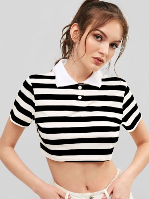 Yanthi Store Striped Women Polo Neck Black T-Shirt