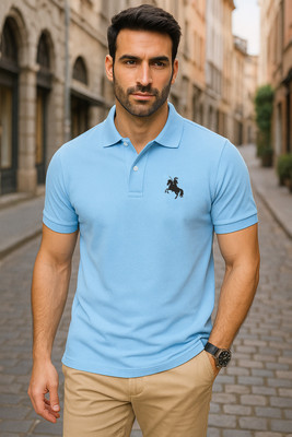 SCATCHITE Printed Men Polo Neck Light Blue T-Shirt
