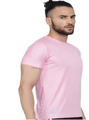 TARSHI Solid Men Round Neck Pink T-Shirt