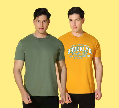 WOOSTRO Printed Men Round Neck Green, Yellow T-Shirt