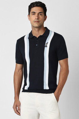 PETER ENGLAND Striped Men Polo Neck Dark Blue, White T-Shirt