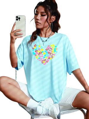 V-Mens Printed Women Round Neck Light Blue T-Shirt