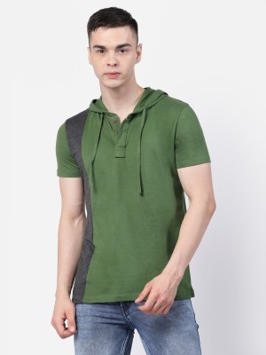 KALT Solid Men Hooded Neck Green T-Shirt