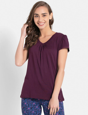 JOCKEY Solid Women V Neck Purple T-Shirt