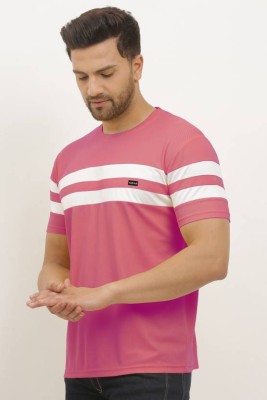 Denzolee Striped Men Round Neck Pink T-Shirt