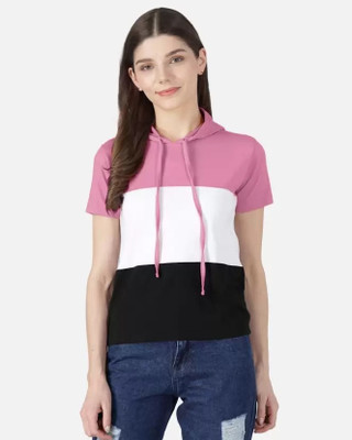 SELVIKE Colorblock Women Hooded Neck Pink, White, Black T-Shirt