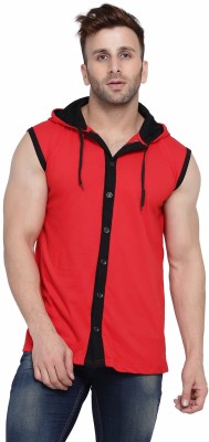 GEUM Solid Men Hooded Neck Red T-Shirt