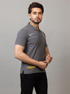 RosyRains Printed Men Polo Neck Grey T-Shirt