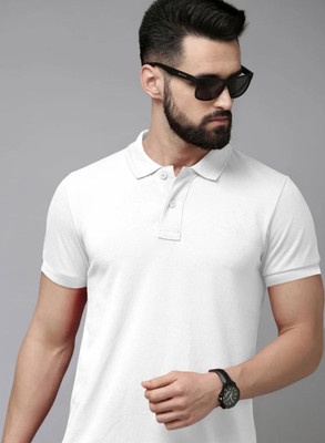 Printcomet Solid Men Polo Neck White T-Shirt