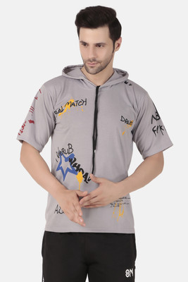 cnw Printed Men Hooded Neck Grey T-Shirt