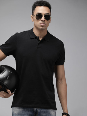 Roadster Solid Men Polo Neck Black T-Shirt