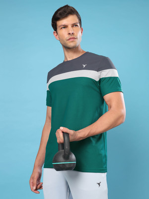 TECHNOSPORT Striped Men Round Neck Green T-Shirt