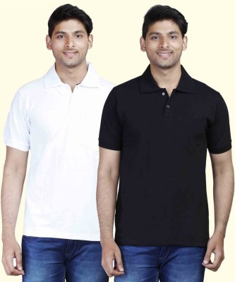 Fleximaa Solid Men Polo Neck White, Black T-Shirt