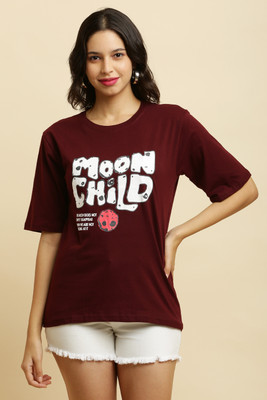 Purser Printed Women Round Neck Maroon T-Shirt