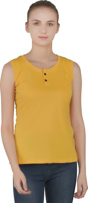 GEUM Solid Women Henley Neck Yellow T-Shirt